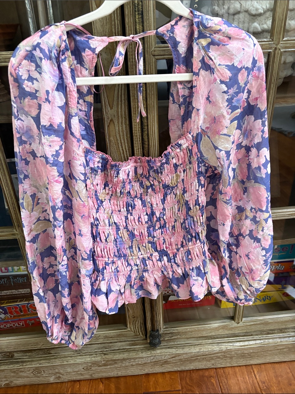 Astr Floral Smocked Puff-Sleeve Top - Pink & Blue